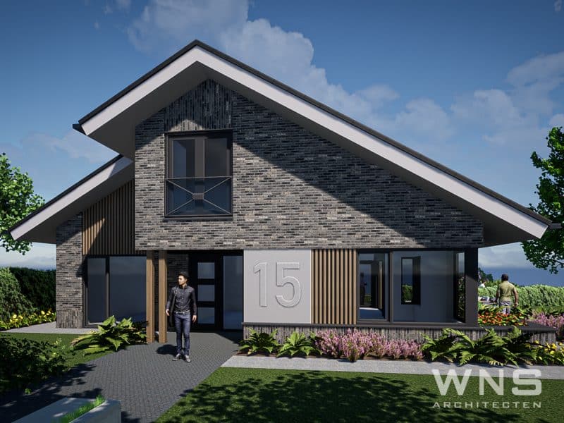 Eigentijdse villa baksteen gevel houten detail en witte dakrand 2130