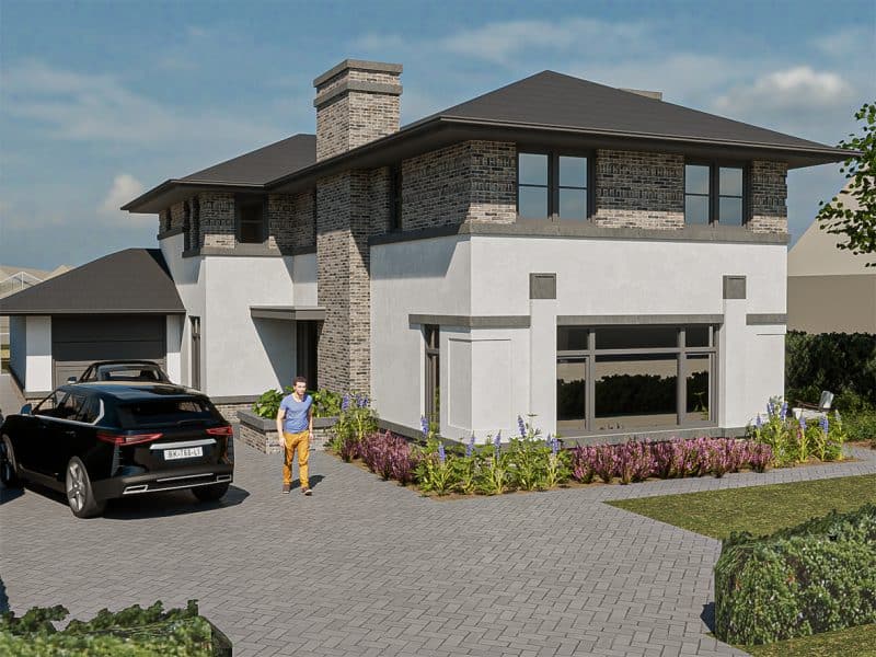 Moderne villa wit stucwerk hardsteen accenten en baksteen afwerking 2120