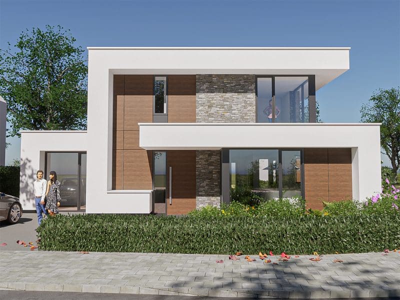 Moderne villa wit stucwerk met baksteen details en houte afwerking 2126